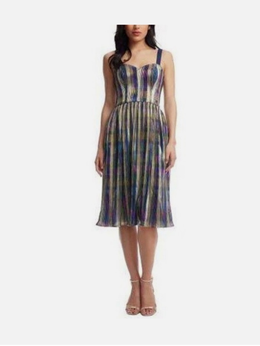 Dress The Population Poppie Rainbow Metallic Silver Plisse Fit Flare Dress New